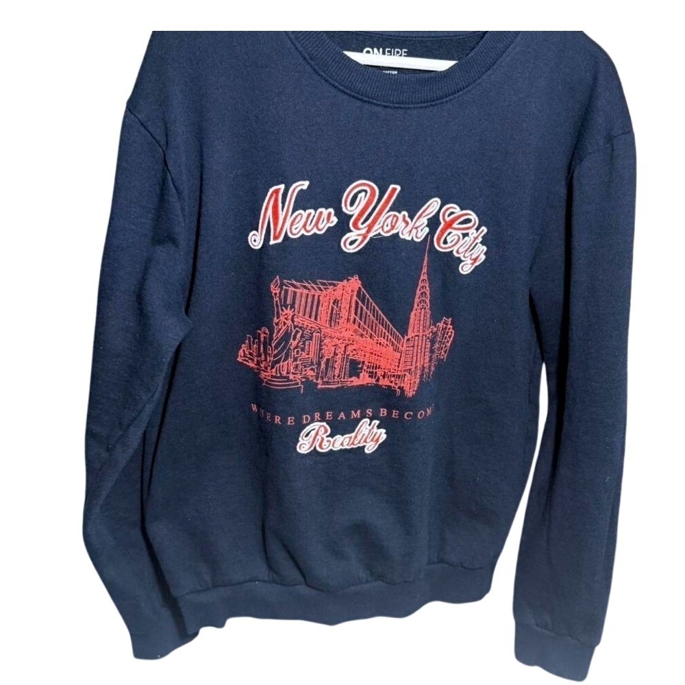 ON FIRE New York City Graphic Sweatshirt Navy Blue Mens XL Cotton Long Sleeve